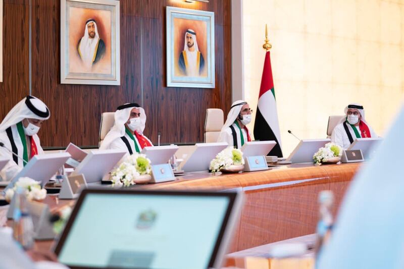 Sheikh Mohammed bin Rashid, Prime Minister and Ruler of Dubai, chairs a UAE Cabinet meeting on Sunday. Seen attending are Sheikh Saif bin Zayed, Deputy Prime Minister and Minister of Interior; Sheikh Mansour bin Zayed, Deputy Prime Minister and Minister of Presidential Affairs, and Mohammed Al Gergawi, Minister of Cabinet Affairs. Courtesy: Sheikh Mohammed bin Rashid Twitter  