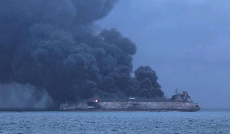 epa06424505 A handout photo made available by the South Korean Coast Guard on 08 January 2018 shows Panama-registered tanker 'Sanchi' on fire after a collision with Hong Kong-registered freighter 'CF Crystal,' off China's eastern coast, 07 January 2018. According to reports, 32 crew members, 30 Iranians and two Bangladeshis, were missing following the collision. Sanchi was carrying some 136,000 tons of Iranian oil when it caught fire after it crashed with CF Crystal some 296km off the coast of Shanghai, media reported.  EPA/SOUTH KOREA COAST GUARD HANDOUT -- BEST QUALITY AVAILABLE --  HANDOUT EDITORIAL USE ONLY/NO SALES --ALTERNATIVE CROP-- HANDOUT EDITORIAL USE ONLY/NO SALES