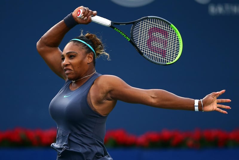 TORONTO, ON - AUGUST 09: Serena Williams of the United States hits a shot against Naomi Osaka of Japan during a quarterfinal match on Day 7 of the Rogers Cup at Aviva Centre on August 09, 2019 in Toronto, Canada.   Vaughn Ridley/Getty Images/AFP
== FOR NEWSPAPERS, INTERNET, TELCOS & TELEVISION USE ONLY ==
