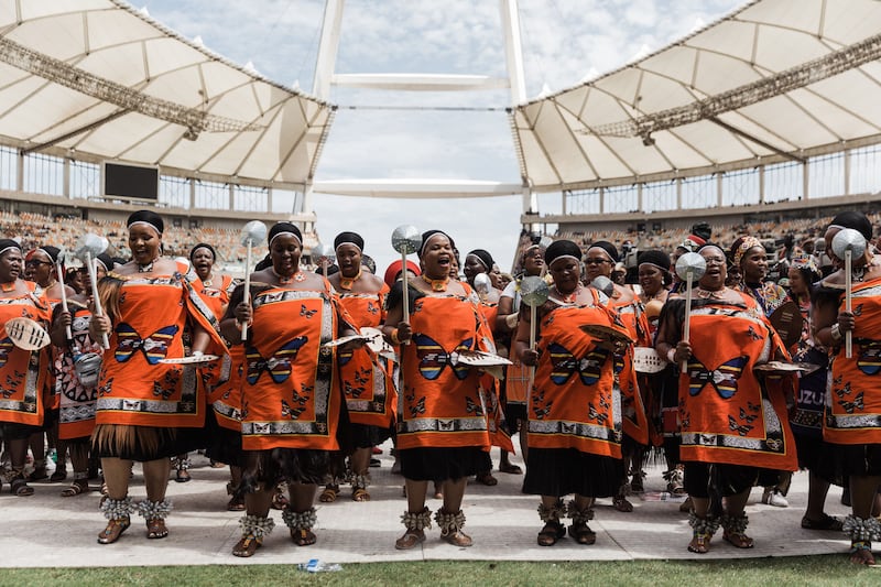 Women dressed in traditional clothing from Swaziland perform a dance at the King Misuzulu Zulu's coronation at the Moses Mabhida Stadium in Durban. AFP