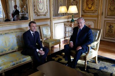 epa06381167 French President Emmanuel Macron (L) meets Israeli Prime Minister Benjamin Netanyahu (R) at the Elysee Palace in Paris, France, 10 December 2017. Netanyahu is visiting France, few days after US President Donald Trump recognized Jerusalem as the capital of Israel and ordered that the US embassy be moved there from Tel Aviv, an announcement that has been met with widespread international criticism and led to increased tension in the region.  EPA/PHILIPPE WOJAZER / POOL MAXPPP OUT