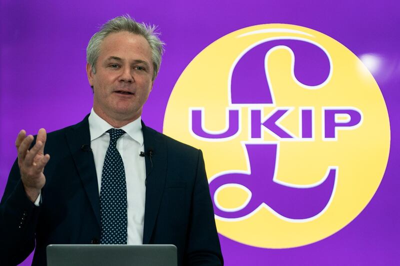 epa07772948 Newly appointed leader of UK Independence Party (UKIP) Richard Braine talks to the media during a press conference in central London, Britain, 14 August 2019. Richard Braine has replaced Gerard Batten as party leader on 10 August 2019.  EPA/WILL OLIVER