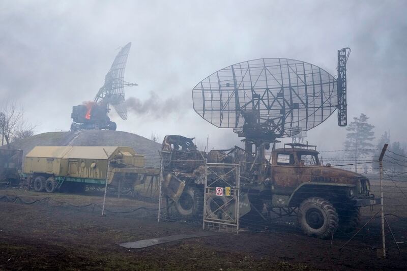 Damaged radar at a Ukrainian military plant outside Mariupol. Officials in Kiev say Russian troops have rolled into the country from the north, east and south. AP Photo
