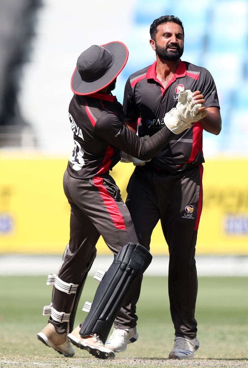 UAE's Kashif Daud after taking the wicket of Nepal's Kushal Bhurtel. 