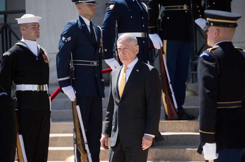 (FILES) In this file photo taken on April 20, 2018 US Secretary of Defense Jim Mattis awaits the arrival of Japanese Defense Minister Itsunori Onodera for meetings at the Pentagon in Washington. Defense Secretary Jim Mattis bade farewell to the Pentagon on December 31, 2018, telling the US military to "hold fast" after he quit over a series of fundamental differences with President Donald Trump. / AFP / SAUL LOEB
