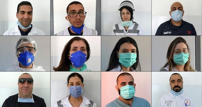 (COMBO) This combination of pictures created and taken on April 6, 2020 shows medical staffers of SAMU Tunisia (Urgent Medical Aid Service), posing for a picture at their headquarters in the capital Tunis.  / AFP / FETHI BELAID
