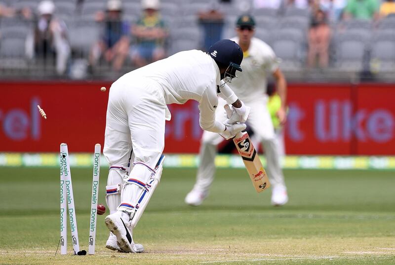 Indian batsman Lokesh Rahul is bowled out by Australian Josh Hazlewood on day two of the second Test match at Perth Stadium in Australia. EPA