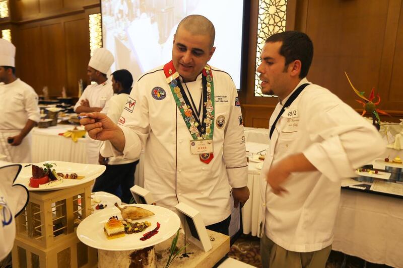 Ambro Fahed Al Yassi, judge (centre) during the East Coast Culinary Competition held at Miramar Al Aqah Beach Resort in Fujairah. Pawan Singh / The National  
