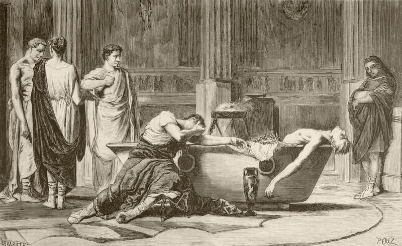 An engraving from the 19th century depicting the suicide of Seneca, undertaken on Nero’s orders. Universal History Archive / Getty Images/ April 2014