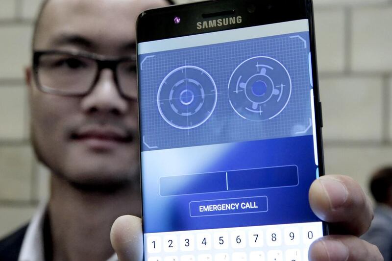 Jonathan Wong of Samsung's Knox Product Marketing, shows the iris scanner feature of the Galaxy Note 7. Richard Drew / AP Photo