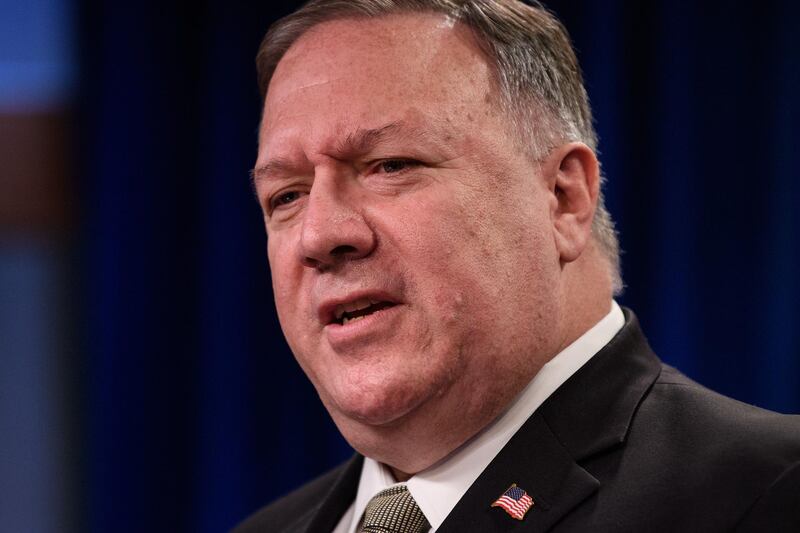 (FILES) In this file photo taken on September 2, 2020 US Secretary of State Mike Pompeo speaks during his weekly briefing at the State Department in Washington, DC. The US will not contribute to "legitimizing yet another electoral fraud" in Venezuela, top diplomat Mike Pompeo said on September 3, 2020, after Nicolas Maduro's government invited the UN and the EU to monitor December parliamentary elections. / AFP / POOL / NICHOLAS KAMM
