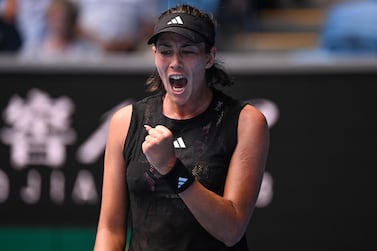 Spain's Garbine Muguruza reacts after a point against Belgium's Elise Mertens during their women's singles match on day two of the Australian Open tennis tournament in Melbourne on January 17, 2023.  (Photo by WILLIAM WEST  /  AFP)  /  -- IMAGE RESTRICTED TO EDITORIAL USE - STRICTLY NO COMMERCIAL USE --
