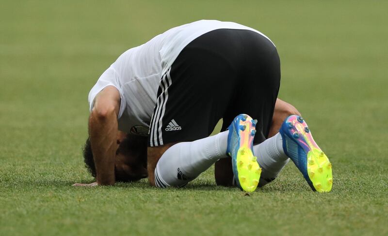 Mohamed Salah of Egypt reacts after scoring during the Group A match against Saudi Arabia. EPA