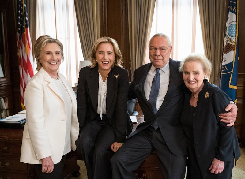 Three former U.S. secretaries of state, Hillary Clinton (L), Colin Powell (2nd R) and Madeleine Albright (R) are pictured with fictional Secretary of State Elizabeth McCord, played by Tea Leoni (2nd L) on political television drama "Madam Secretary," in this picture released by CBS in New York, NY, U.S., July 24, 2018.  Courtesy David M. Russell/CBS/Handout via REUTERS  ATTENTION EDITORS - THIS IMAGE HAS BEEN SUPPLIED BY A THIRD PARTY. NO RESALES. NO ARCHIVES. NORTH AMERICAN USE ONLY. MANDATORY CREDIT.