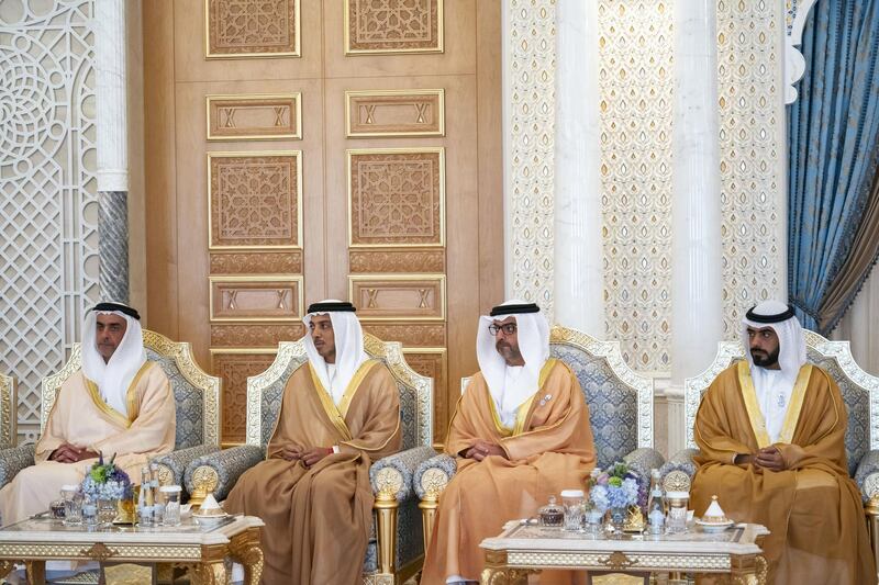 ABU DHABI, UNITED ARAB EMIRATES - March 25, 2019: (L-R) HH Lt General Sheikh Saif bin Zayed Al Nahyan, UAE Deputy Prime Minister and Minister of Interior, HH Sheikh Mansour bin Zayed Al Nahyan, UAE Deputy Prime Minister and Minister of Presidential Affairs, HH Sheikh Hamed bin Zayed Al Nahyan, Chairman of the Crown Prince Court of Abu Dhabi and Abu Dhabi Executive Council Member and HH Sheikh Diab bin Tahnoon bin Mohamed Al Nahyan, attend a meeting with HE Shavkat Mirziyoyev, President of Uzbekistan (not shown), during a reception at the Presidential Palace.

( Ryan Carter / Ministry of Presidential Affairs )
---
