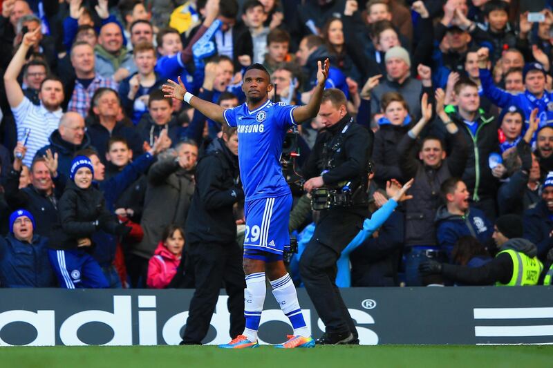 LONDON, ENGLAND - MARCH 22:  Samuel Eto'o of Chelsea celebrates scoring the opening goal uring the Barclays Premier League match between Chelsea and Arsenal at Stamford Bridge on March 22, 2014 in London, England.  (Photo by Richard Heathcote/Getty Images)