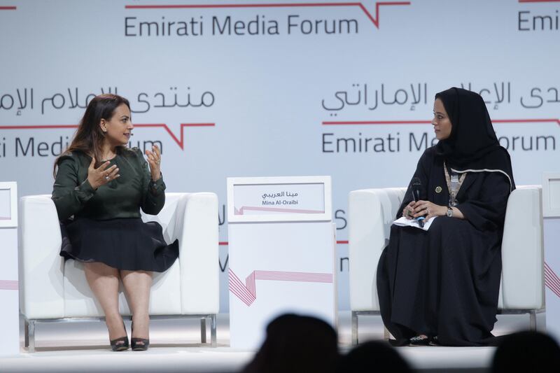 Dubai, UAE - November 6, 2017 - Mina Al-Oraibi, Editor-in-Chief, The National newspaper speaks about foreign language media at the Emirates Media Forum in Dubai  - Navin Khianey for The National