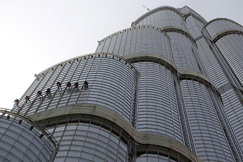 <b>Burj Khalifa, Dubai Height 828 metres, Emaarâ€™s Burj Khalifa is the tallest building in the world.</b>

The Burjâ€™s complicated shape makes it one of the most challenging buildings a window cleaner is ever likely to face. 
Designed to incorporate tra???