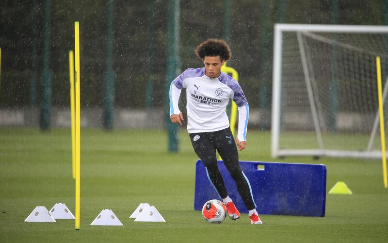 MANCHESTER, ENGLAND - MAY 23: Manchester City's Leroy Sane in action during training at Manchester City Football Academy on May 23, 2020 in Manchester, England. (Photo by Tom Flathers/Manchester City FC via Getty Images)