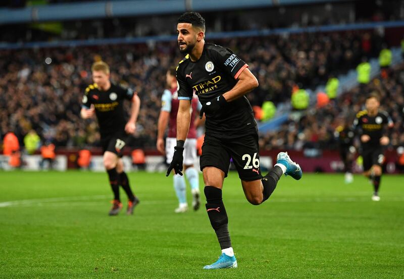 Riyad Mahrez of Manchester City celebrates after scoring his sides first goal against Aston Villa at Villa Park on Sunday. Getty Images