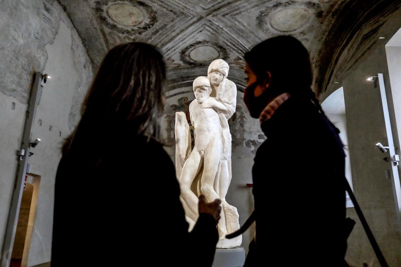 The 'Pieta Rondanini,' a marble work by Michelangelo on display at the Museum of the Sforzesco Castle in Milan, Italy. The sculpture can be seen again after the closures due to the coronavirus were lifted. EPA