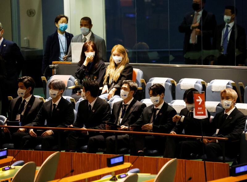 BTS members speak at the Sustainable Development Goals event as part of the UN General Assemby. Reuters