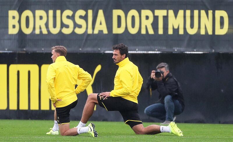Dortmund players Marcel Schmelzer and Mats Hummels attend their team's training session in Dortmund. EPA