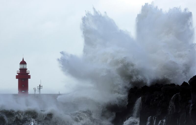 Waves strike Jeju Island in South Korea as Typhoon Hinnamnor approaches. AP