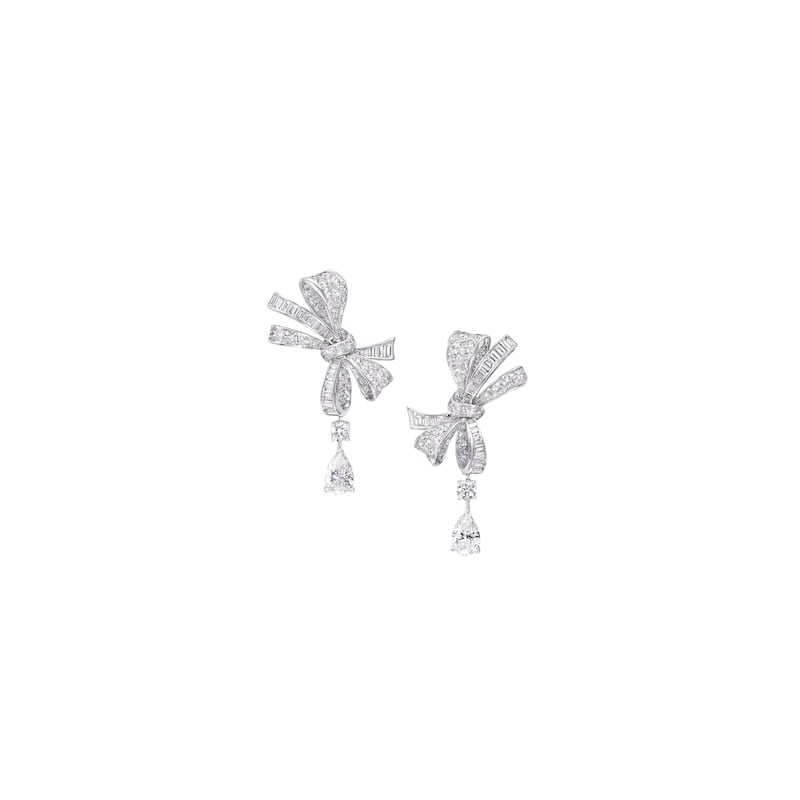 Tilda's Bow diamond drop earrings in white gold, price on request, Graff at Damas. Photo: Graff