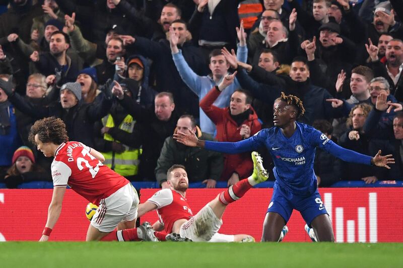 Tammy Abraham appeals after being fouled by Arsenal  defender David Luiz to win a penalty. AFP