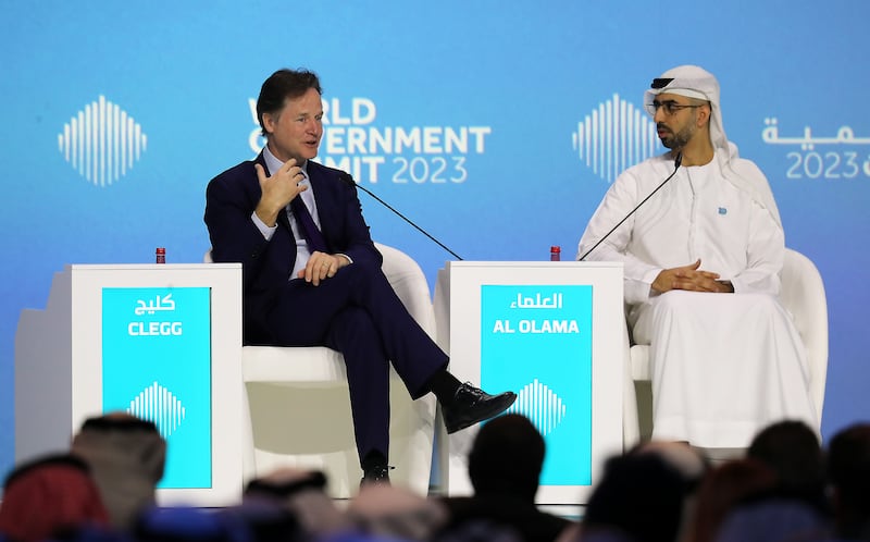 Omar Al Olama, Minister of State for Digital Economy, AI and Remote Work System, and Nick Clegg, president of Global Affairs at Meta, at the summit. Pawan Singh / The National