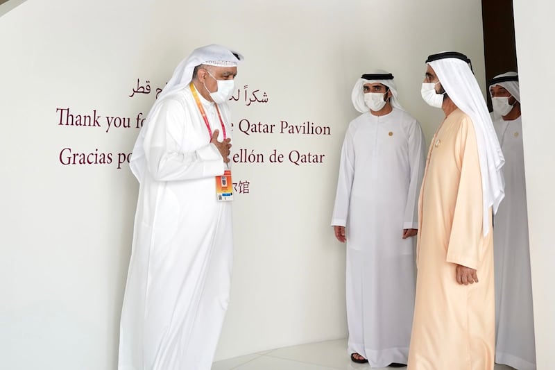 Sheikh Mohammed bin Rashid, Vice President and Ruler of Dubai, and  Sheikh Hamdan bin Mohammed, Crown Prince of Dubai, during a tour of the Qatari pavilion at Expo 2020 Dubai.  Photo: Dubai Media Office Twitter account