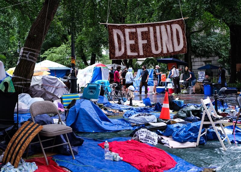 Protesters occupy a makeshift encampment in City Hall Park in New York City. AFP