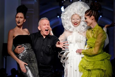 Designer Jean Paul Gaultier onstage with his models for the finale of the Haute Couture Fall/Winter 2016/2017 collection. REUTERS
