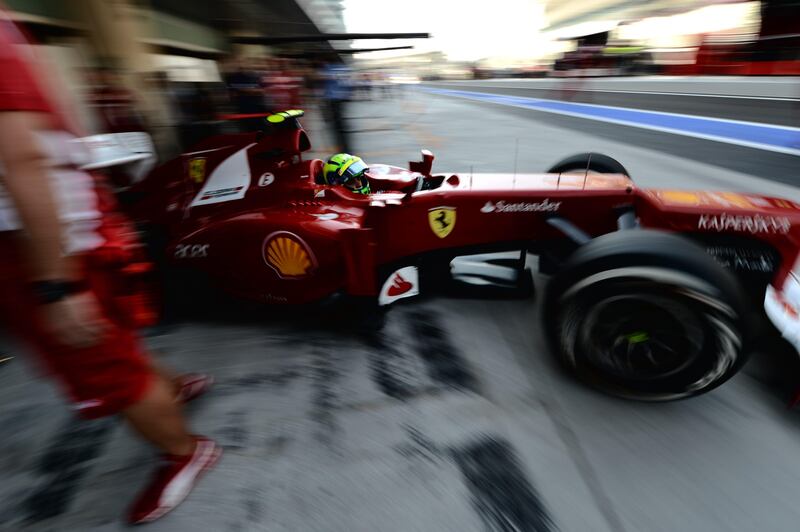 Ferrari's Brazilian driver Felipe Massa  leaves the pits during the first practice session at the Yas Marina circuit on November 2, 2012 in Abu Dhabi ahead of the Abu Dhabi Formula One Grand Prix. AFP PHOTO / DIMITAR DILKOFF
 *** Local Caption ***  804784-01-08.jpg