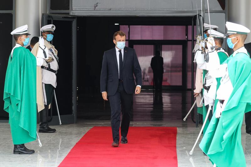 French President Emmanuel Macron arrives in Nouakchott, Mauritania on 30 June to attend a G5 Sahel summit. EPA