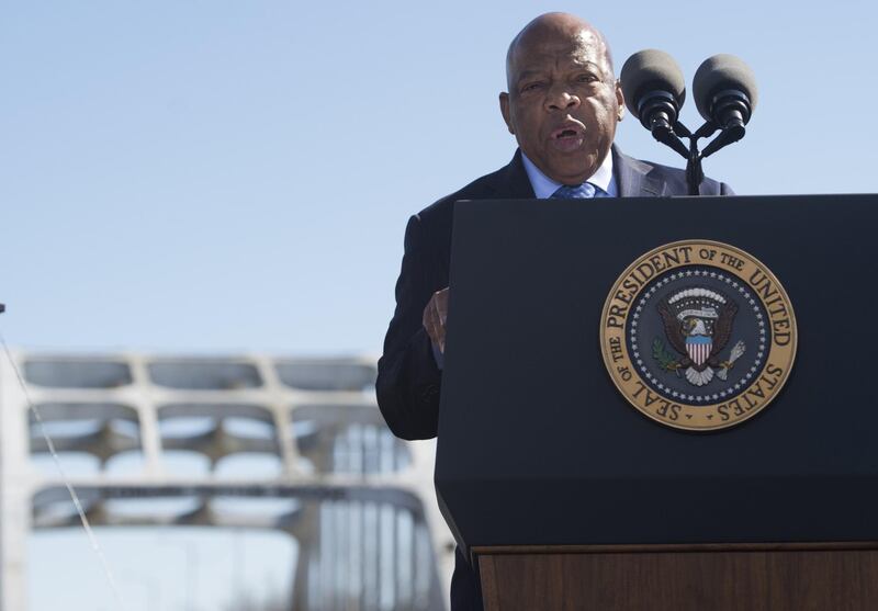 US Representative John Lewis, Democrat of Georgia and one of the original marchers, speaks during an event marking the 50th Anniversary of the Selma to Montgomery civil rights marches at the Edmund Pettus Bridgein Selma, Alabama, on March 7, 2015. AFP