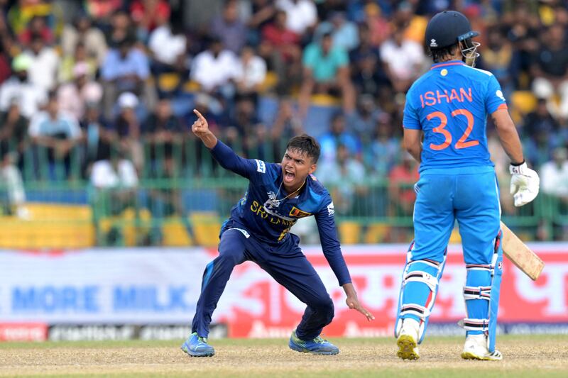Sri Lanka's Dunith Wellalage unsuccessfully appeals for leg before wicket against India's Hardik Pandya. AFP