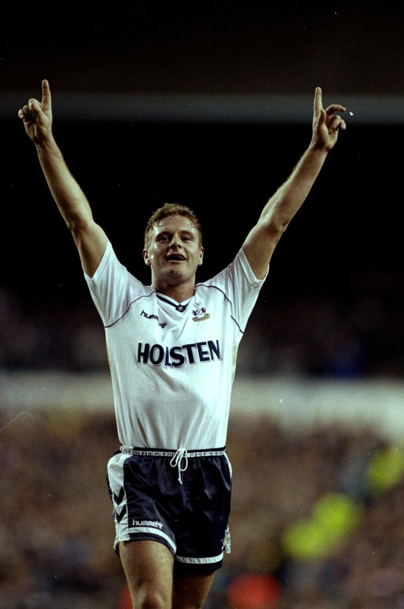 22 Dec 1990:  Paul Gascoigne of Tottenham Hotspur celebrates during  a Barclays League Division One match at White Hart Lane in London. Tottenham Hotspur won the match 2-1. \ Mandatory Credit: Allsport UK /Allsport