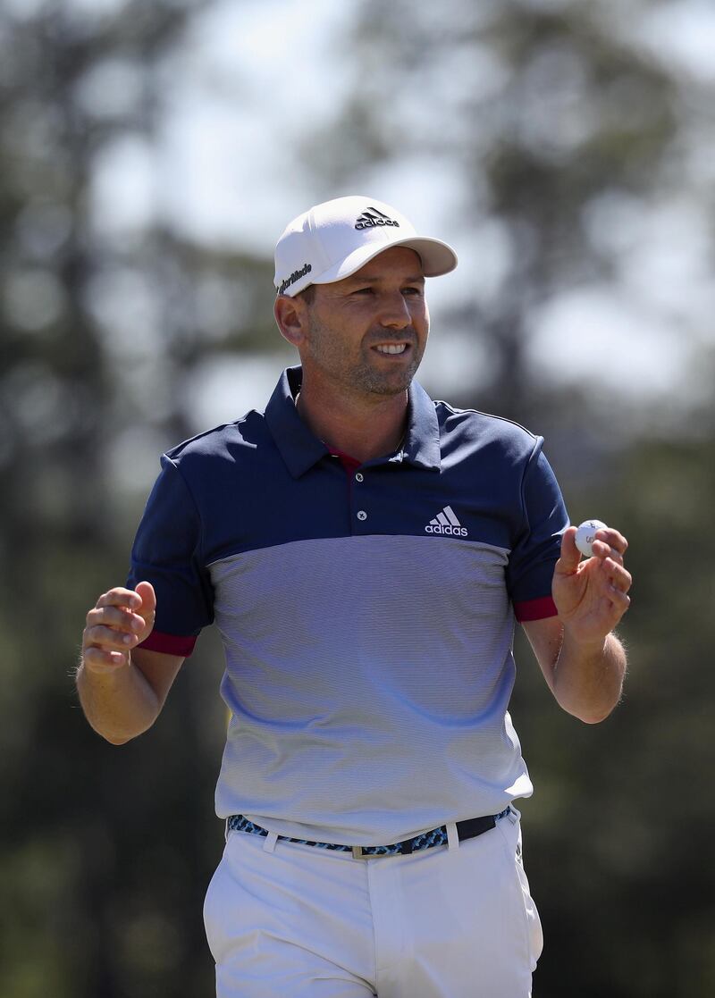 AUGUSTA, GA - APRIL 07: Sergio Garcia of Spain reacts after putting out on the 18th hole during the second round of the 2017 Masters Tournament at Augusta National Golf Club on April 7, 2017 in Augusta, Georgia.   Harry How/Getty Images/AFP