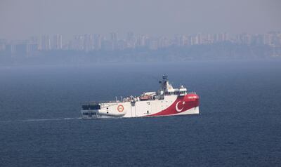 A view of Turkey's research vessel, Oruc Reis anchored off the coast of Antalya on the Mediterranean, Turkey, Sunday, Sept. 27, 2020. Turkey's President Recep Tayyip Erdogan said last week that Oruc Reis was withdrawn from a disputed area of the eastern Mediterranean that has been at the heart of a summer stand-off between Turkey and Greece over energy rights. (AP Photo/Burhan Ozbilici)