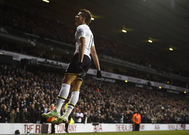 Tottenham Hotspur’s Erik Lamela celebrates after scoring against Burnley at White Hart Lane in London on December 20, 2014. Dylan Martinez / Reuters