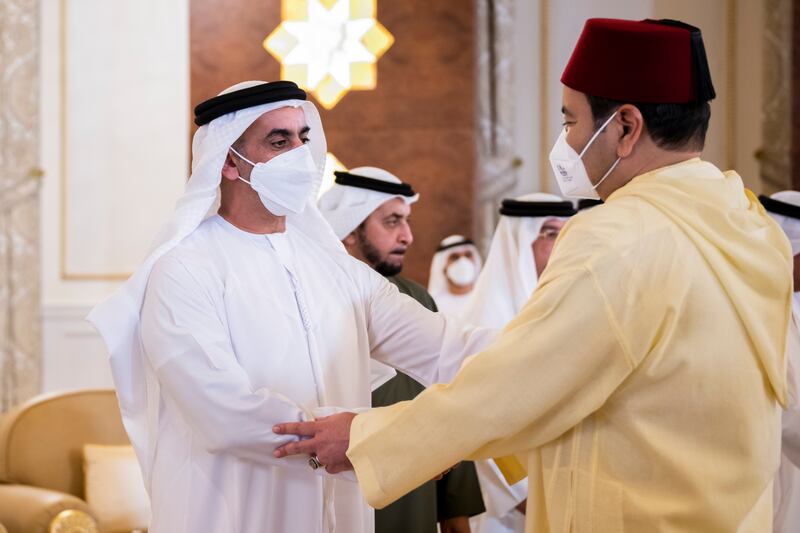 Sheikh Saif bin Zayed, Deputy Prime Minister and Minister of Interior, speaks with Prince Moulay Rachid of Morocco. Rashed Al Mansoori / Ministry of Presidential Affairs