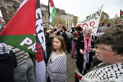 Climate activist Greta Thunberg attends a pro-Palestine protest in Malmo, where the Eurovision Song Contest is being held this year. AP
