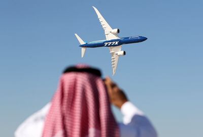 A Boeing 777-X at the Dubai Airshow in 2021.