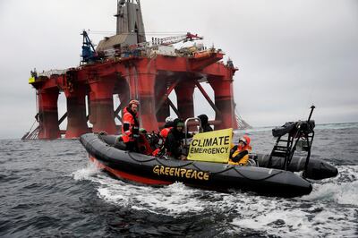 Greenpeace boat alongside the BP-chartered Transocean 'The Paul B Loyd Jr' rig en route to the Vorlich field in the North Sea. The Greenpeace ship the Arctic Sunrise has been following the BP rig as it heads to the North Sea drilling site. The rig undertook a U-turn when it arrived at the site and is heading back towards Scotland.
Greenpeace is calling on BP to halt drilling for new oil in light of the climate emergency and refocus their business on renewable energy.