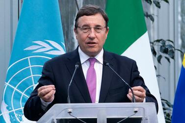 The United Nations Development Program Administrator, Achim Steiner, speaks during the inauguration ceremony of the Africa Center for Climate and Sustainable Development, in Rome on January 28, 2019. (Maurizio Brambatti/ANSA Via AP, File)