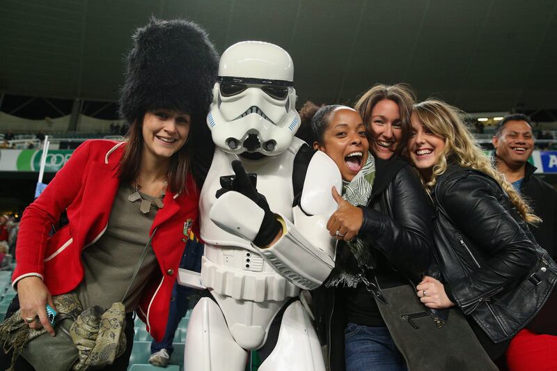 SYDNEY, AUSTRALIA - JUNE 15: Fans pose with a Stormtrooper during the match between the Waratahs and the British & Irish Lions at Allianz Stadium on June 15, 2013 in Sydney, Australia.  (Photo by Cameron Spencer/Getty Images) *** Local Caption ***  170601388.jpg