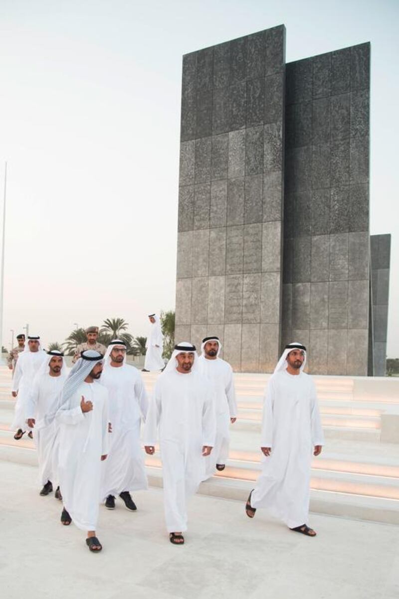 Sheikh Mohammed visits Wahat Al Karama. Seen with Sheikh Khalifa bin Tahnoon and Mohammed Al Mazrouei. Ryan Carter / Crown Prince Court — Abu Dhabi