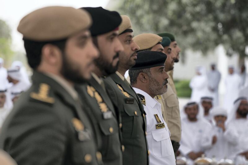 ABU DHABI, UNITED ARAB EMIRATES - April 23, 2018: Members of the UAE Armed Forces who served in Yemen participate in a medal ceremony during a Sea Palace barza.

( Mohamed Al Hammadi / Crown Prince Court - Abu Dhabi )
---